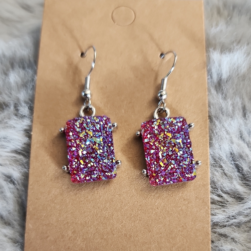 Sparkling Pink and Silver Druzy‎ Style Dangle Earrings